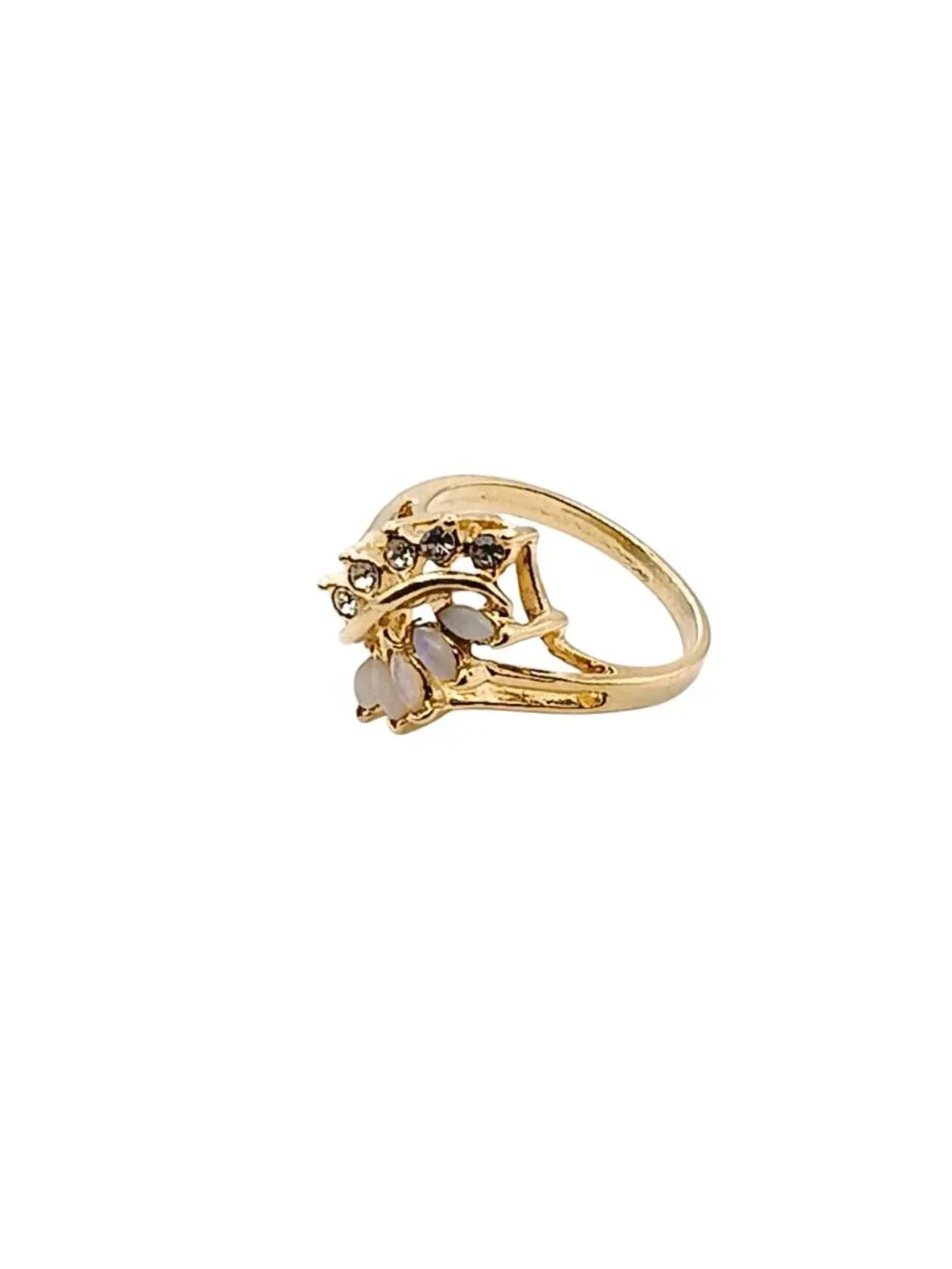 Uncas Vintage Gold-Plated Marquise Opal & Rhinestone Statement Cocktail Ring